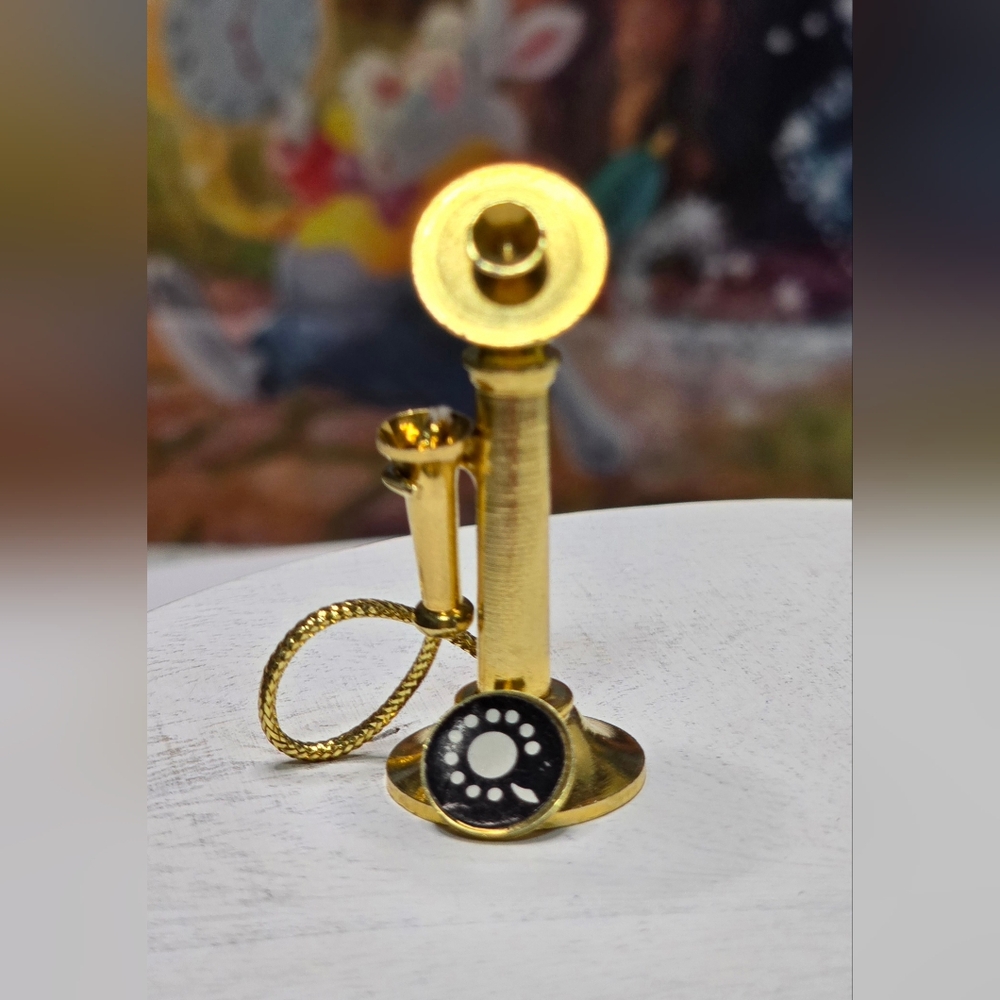 Vintage Dollhouse Miniature Candlestick Telephone Rotary Phone Gold Tone ~ Read